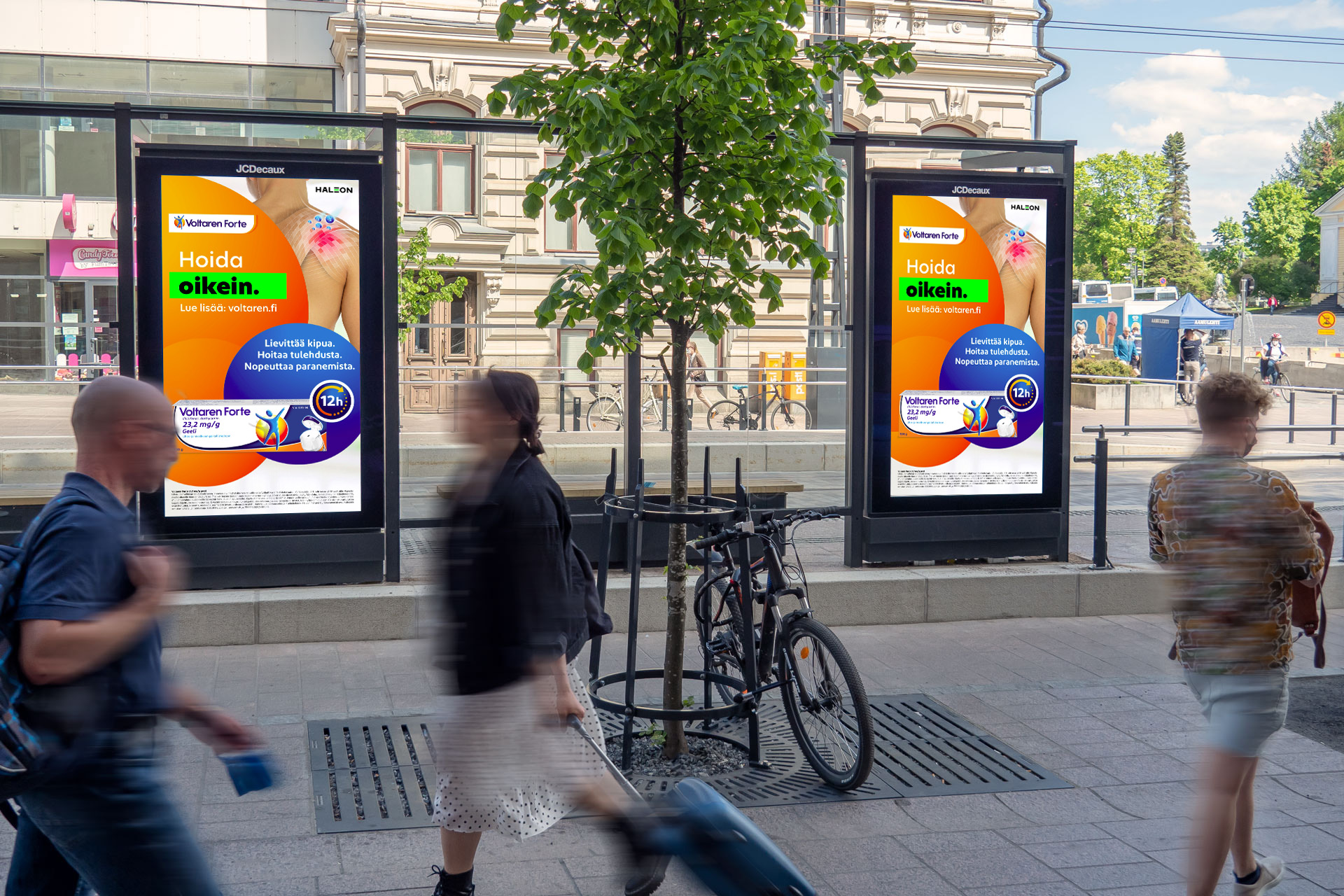 Voltaren digitaalinen ulkomainoskampanja Turun Sokoksen ratikkapysäkillä.